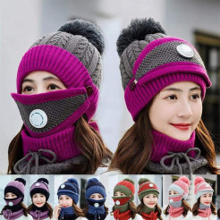 Set 3 Hats Women Winter Beanies Velvet Thick Bib Ear Protector Skulies Beanie Hat Riding Hat Female Warm knitted Wool Cap